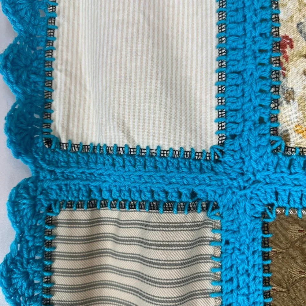 Handmade Patchwork Quilt Turquoise Crochet Border Eclectic Floral 62x43